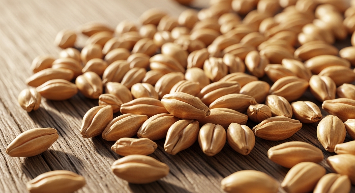 Close-up of malted barley grains on wood