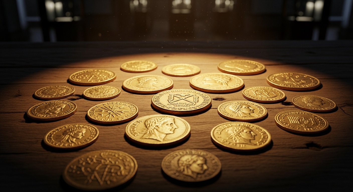 Ancient gold coins spread on a wooden surface