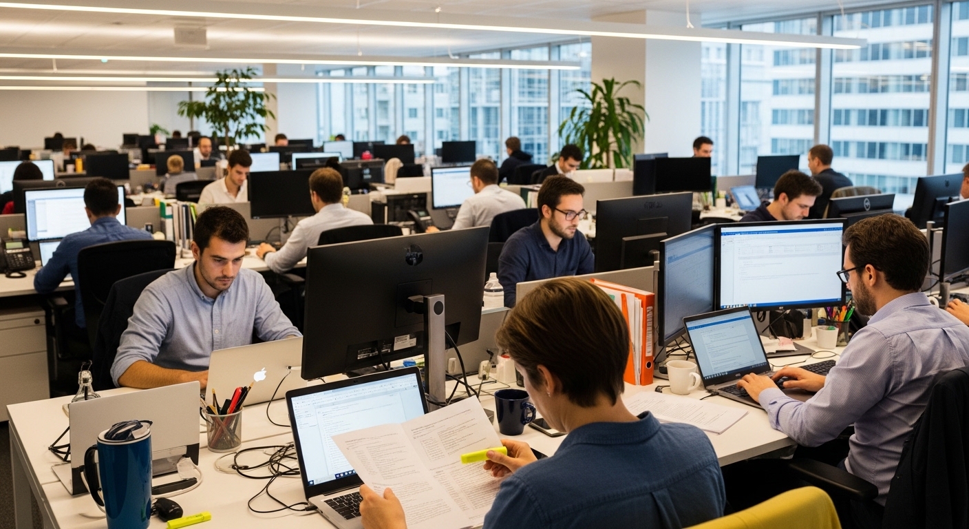 Escritório com pessoas lendo e digitando textos