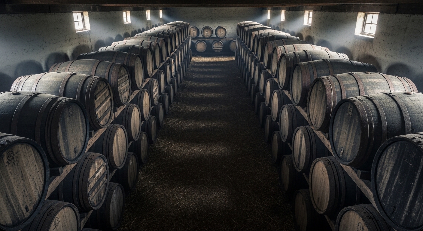 Whisky barrels aging in a dunnage warehouse
