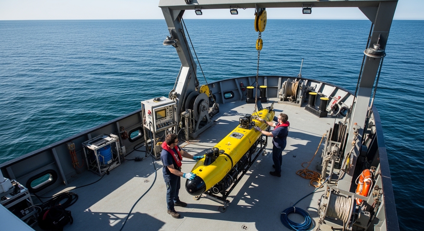 Scientists preparing AUV on research vessel deck