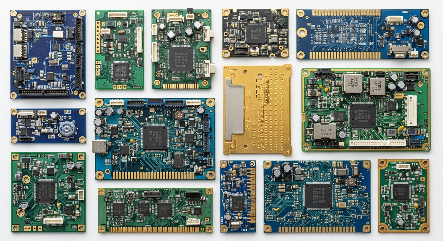 Overhead view of circuit boards with gold contacts