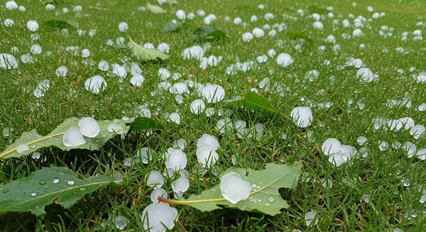 Große Hagelkörner auf einer Wiese nach einem Gewitter