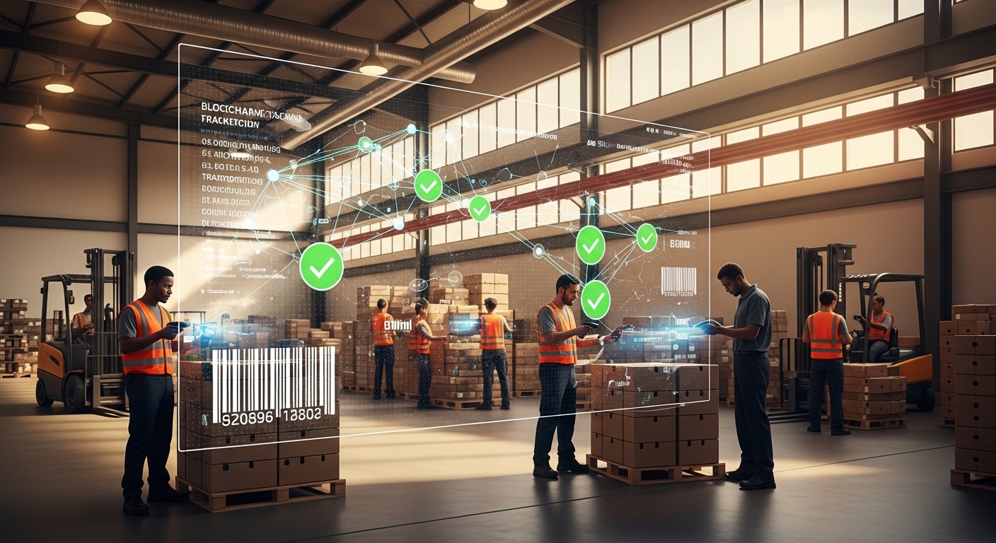 Gudang modern dengan overlay data blockchain pada kotak produk