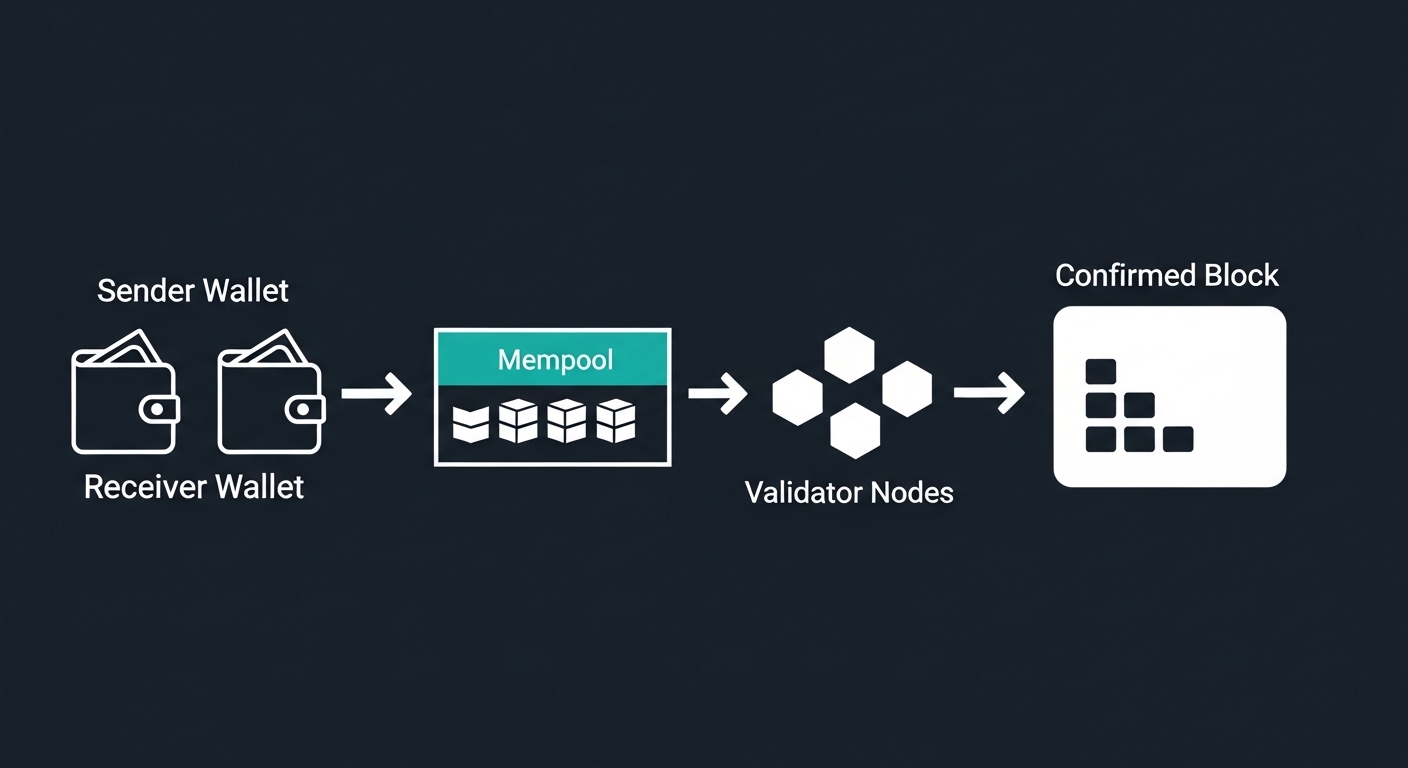Diagram alur transaksi blockchain dari dompet ke konfirmasi