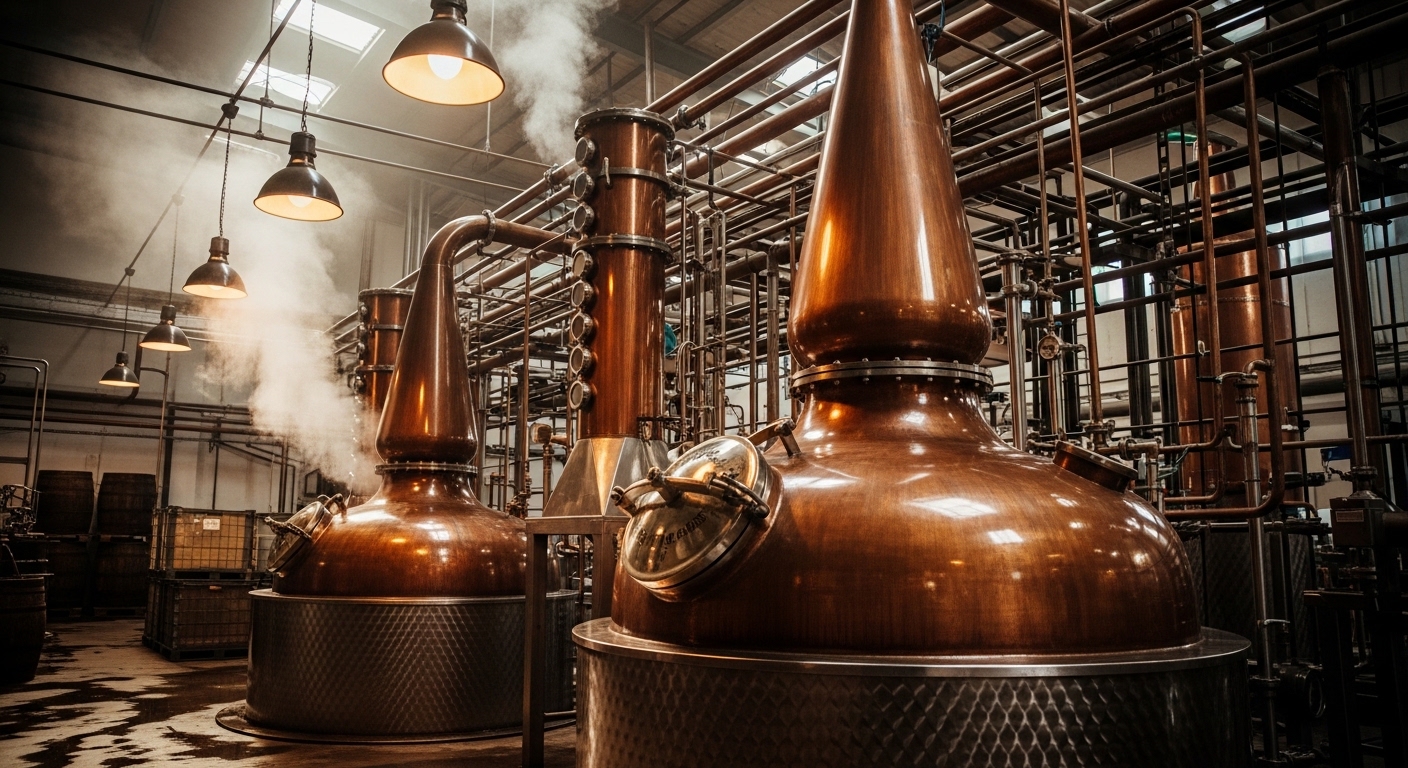 Copper pot stills inside a whisky distillery