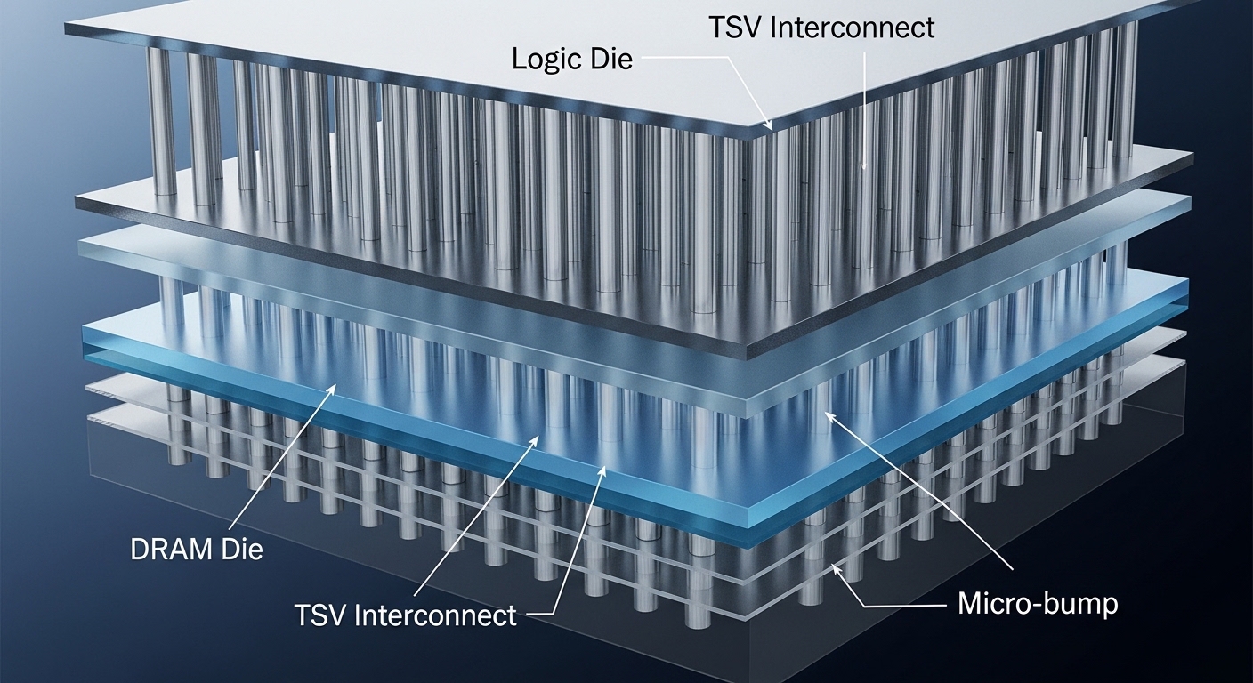 HBM memory stacked die cross-section close-up