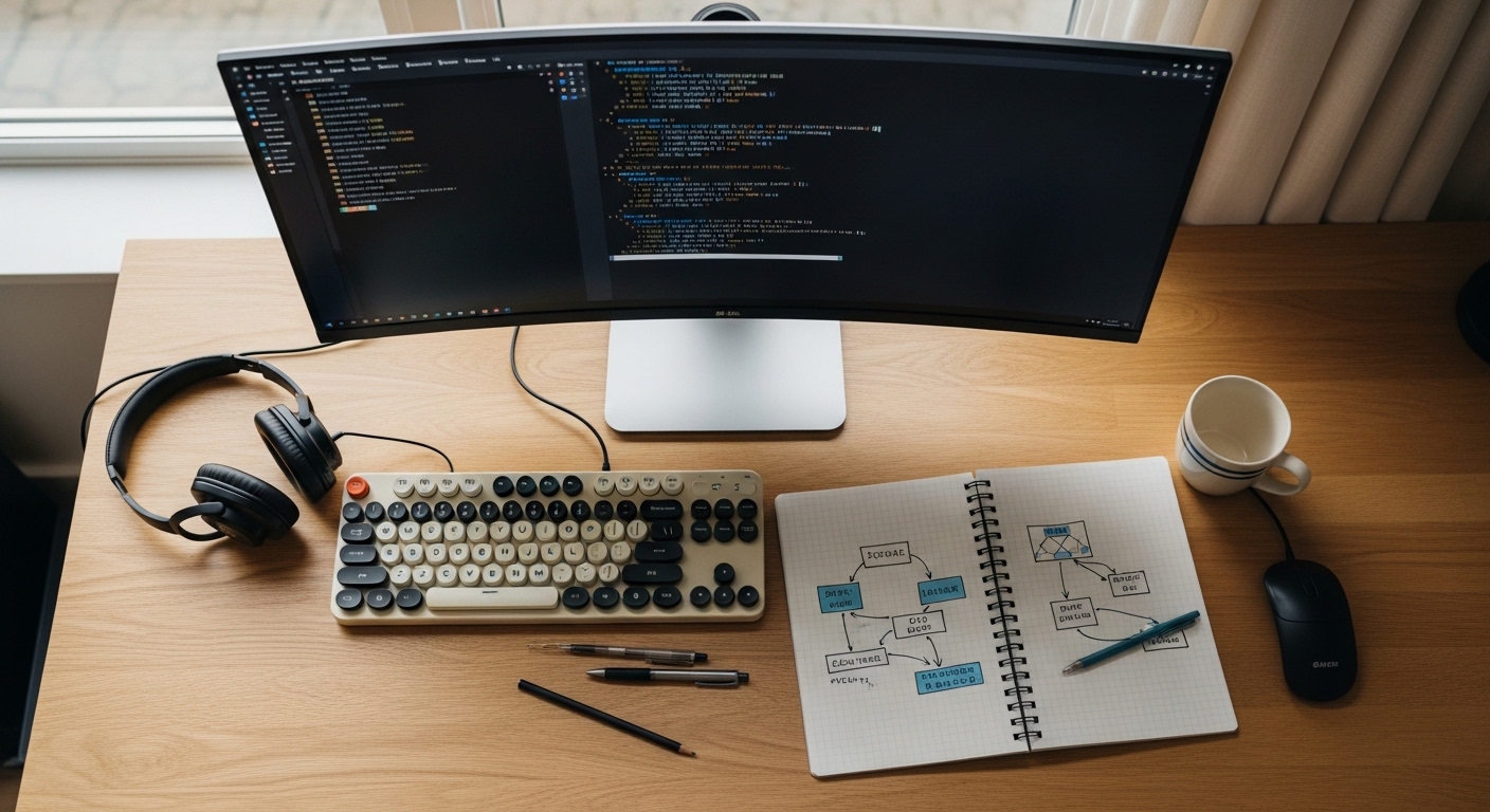 Developer desk with notebook and terminal screen