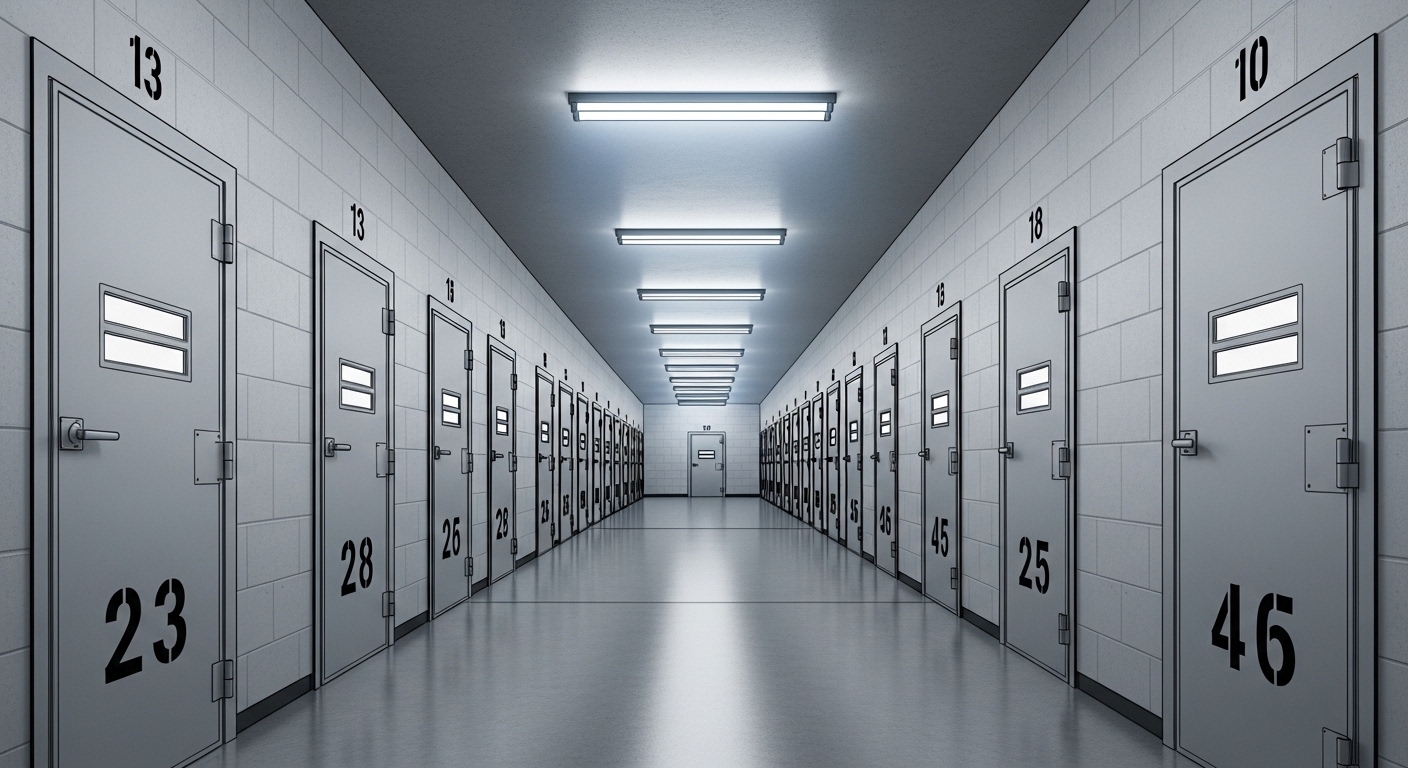 Vue en couloir d'un bloc cellulaire de prison avec portes numérotées