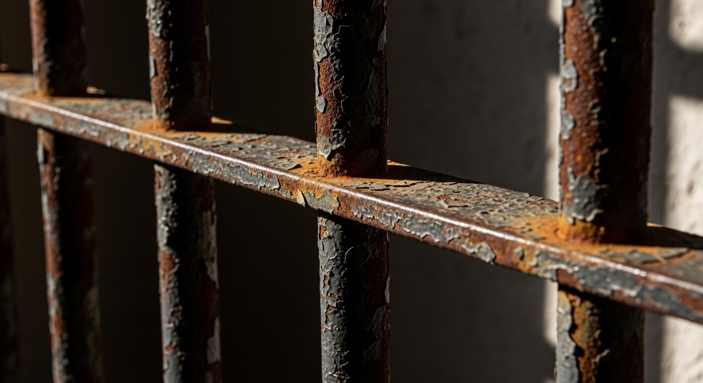 Gros plan de barreaux de prison rouillés avec ombres dramatiques