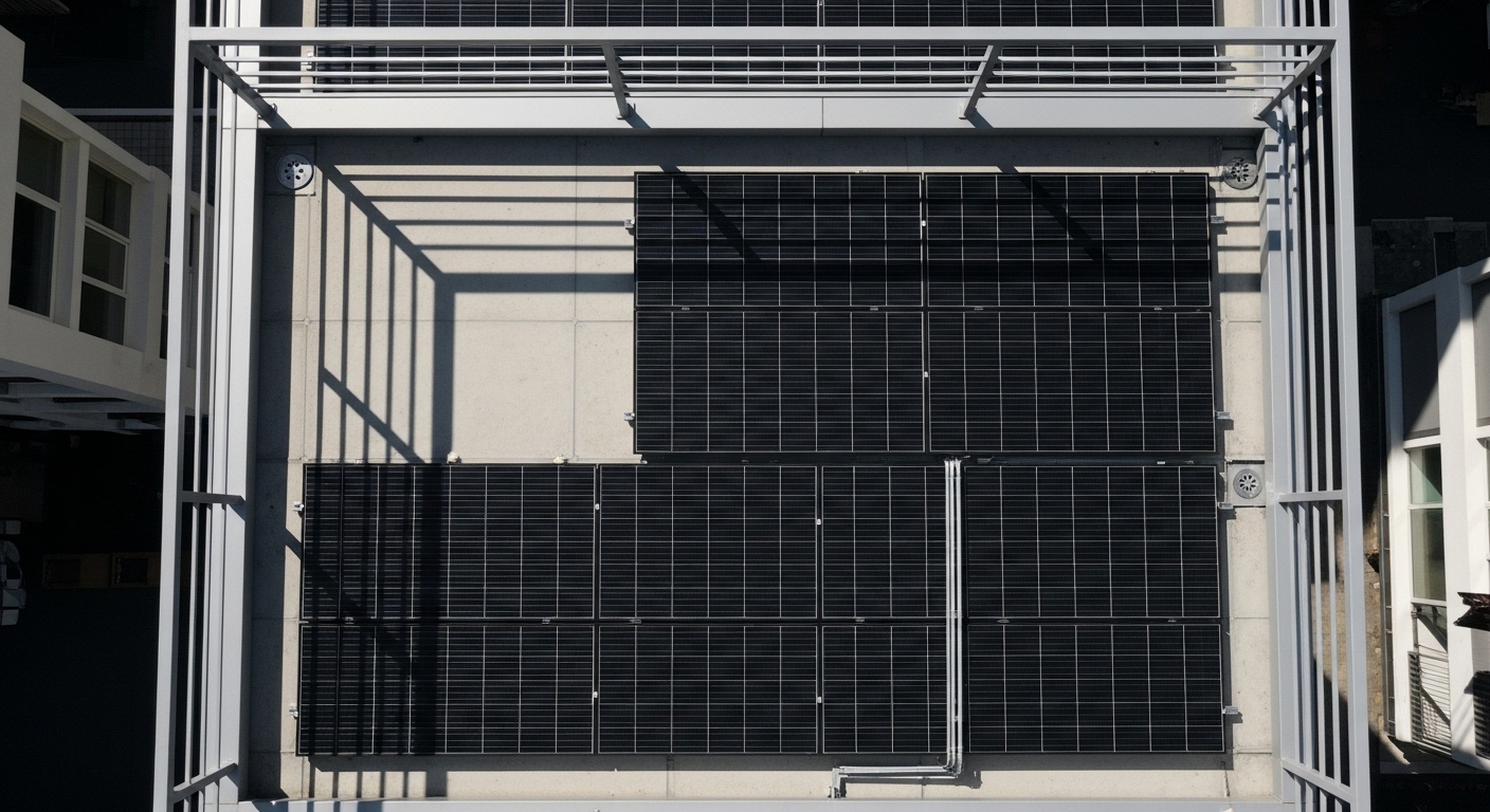 Vista aérea de sombras sobre panel solar en balcón