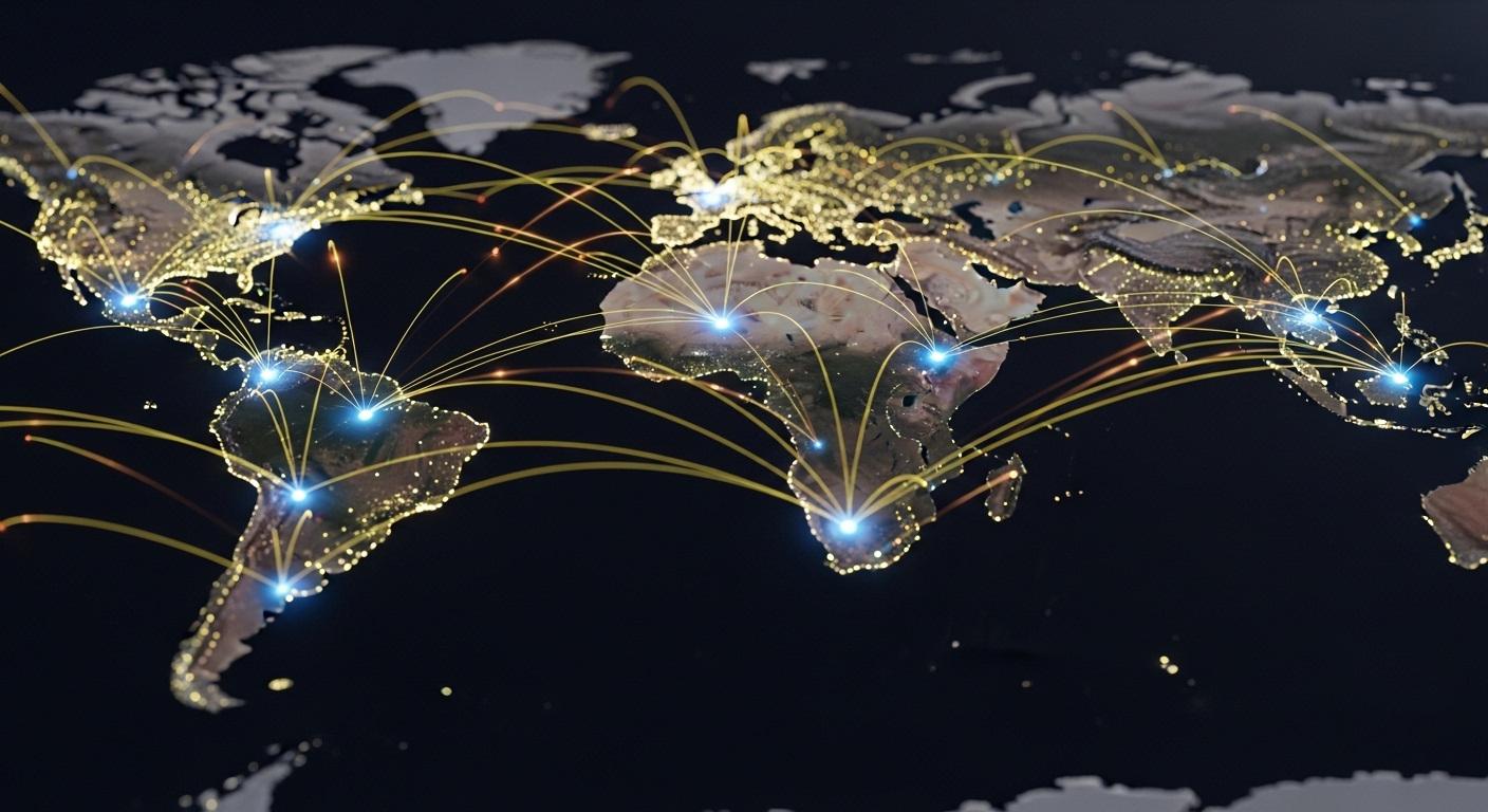 Overhead view of global GPS satellite network map