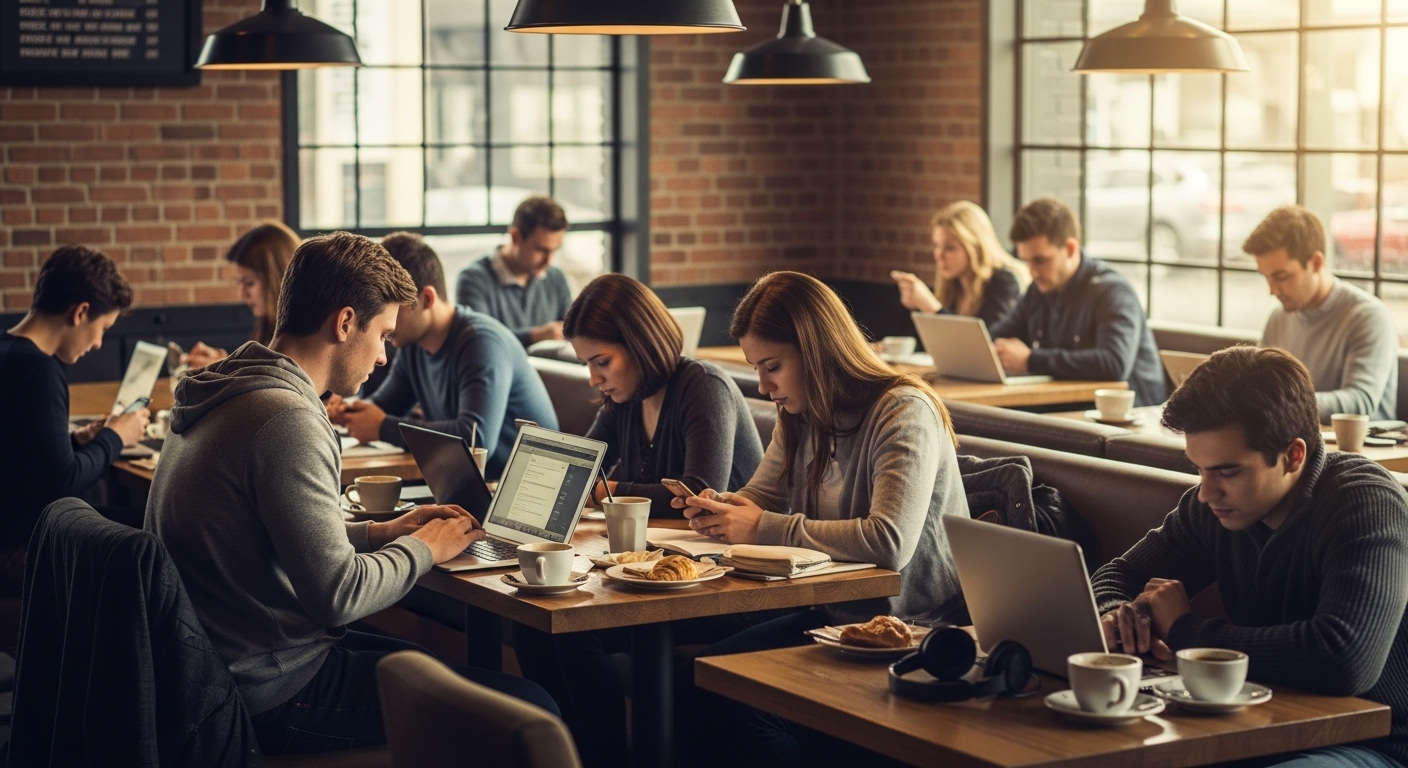 People silently using devices in coffee shop
