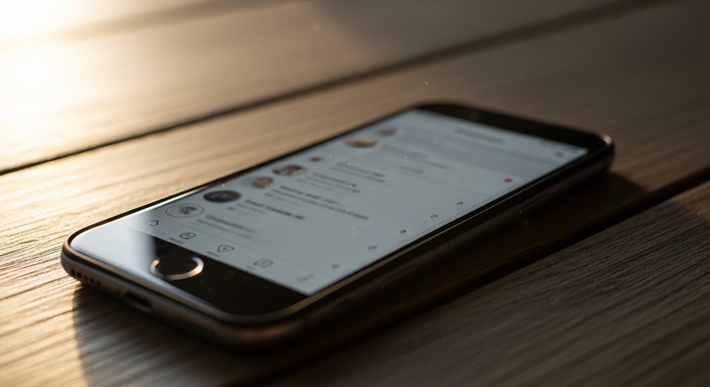 Smartphone with social media feed on wooden table