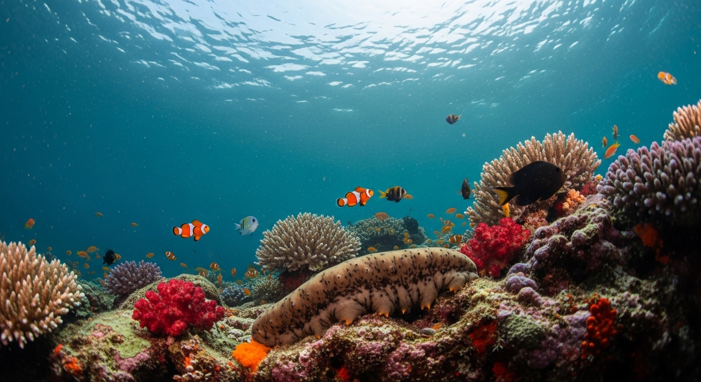 Sea cucumber on rocky ocean floor