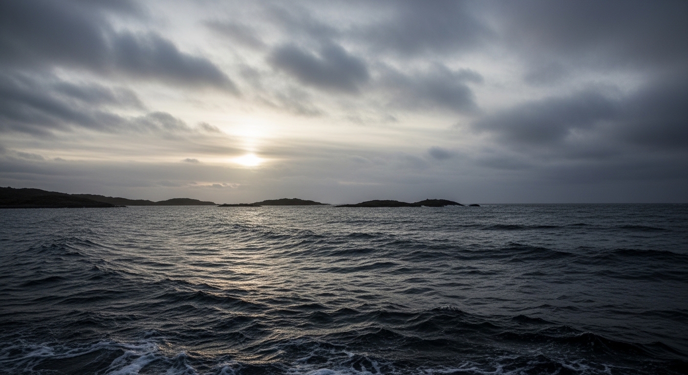 Baie froide et agitée au crépuscule avec rivage rocheux distant