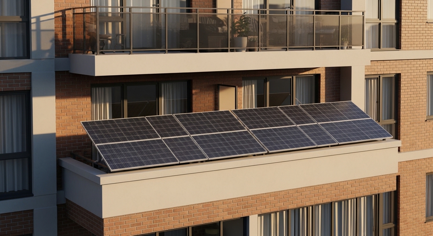 Balcón orientado al sur con paneles solares en ángulo óptimo