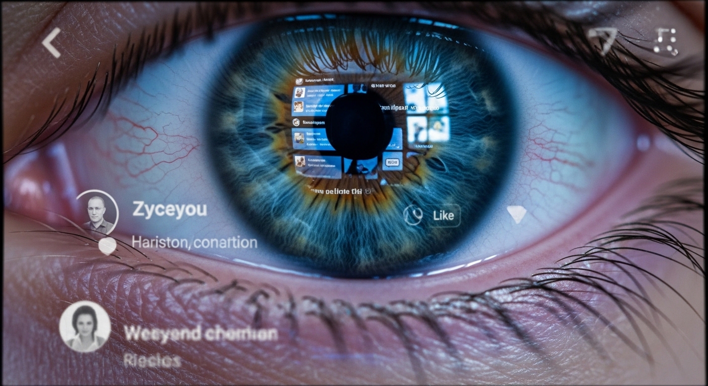 Eye reflected in smartphone social media screen