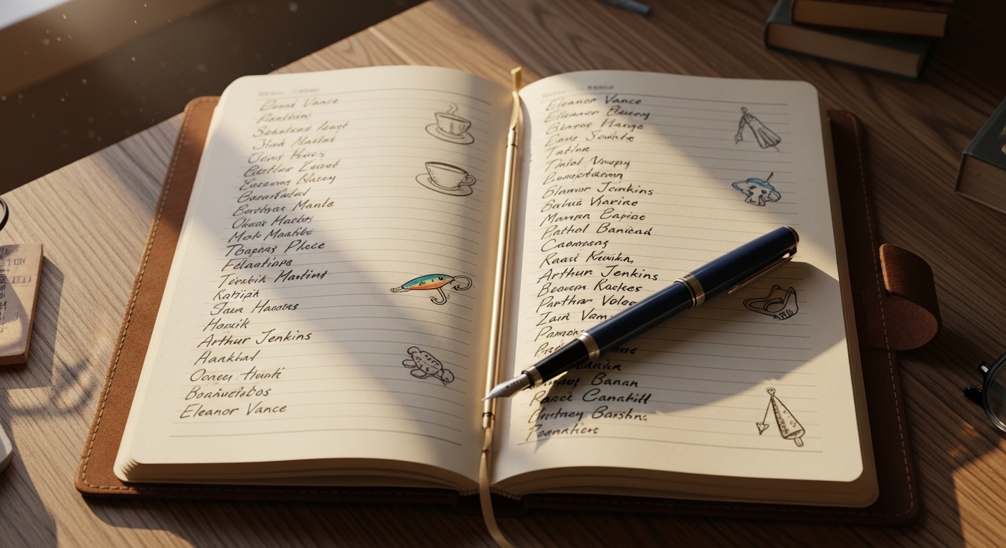 Notebook with names and memory association doodles