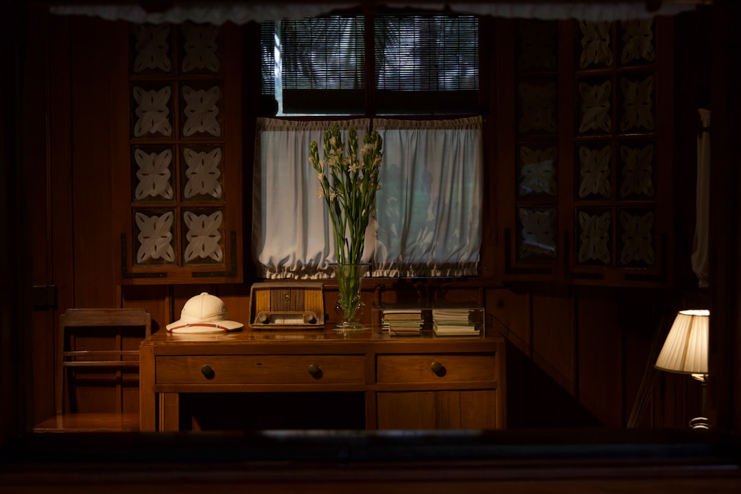 Person talking to themselves at a desk by a window