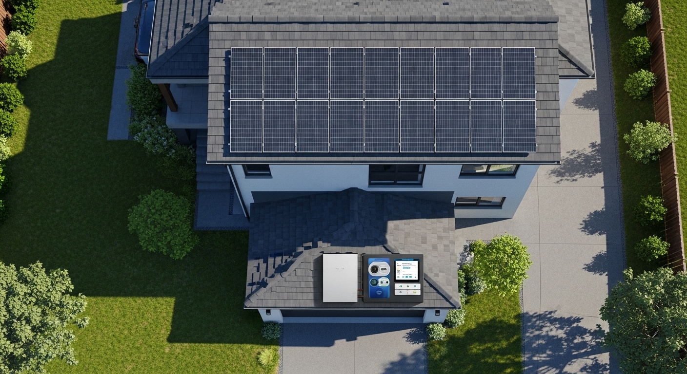 Vogelperspektive auf Solaranlage mit Batteriespeicher