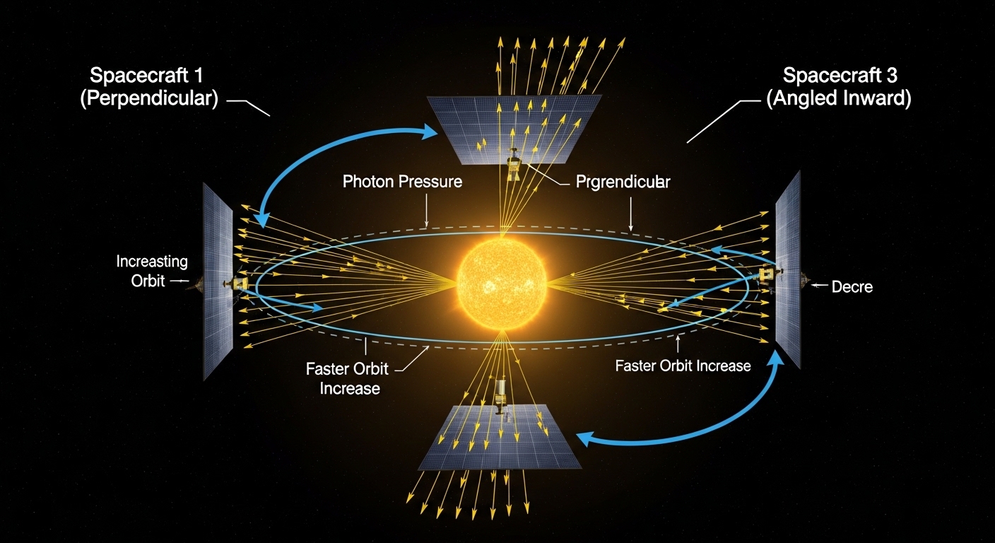 Diagram of solar sail steering angles and orbital paths