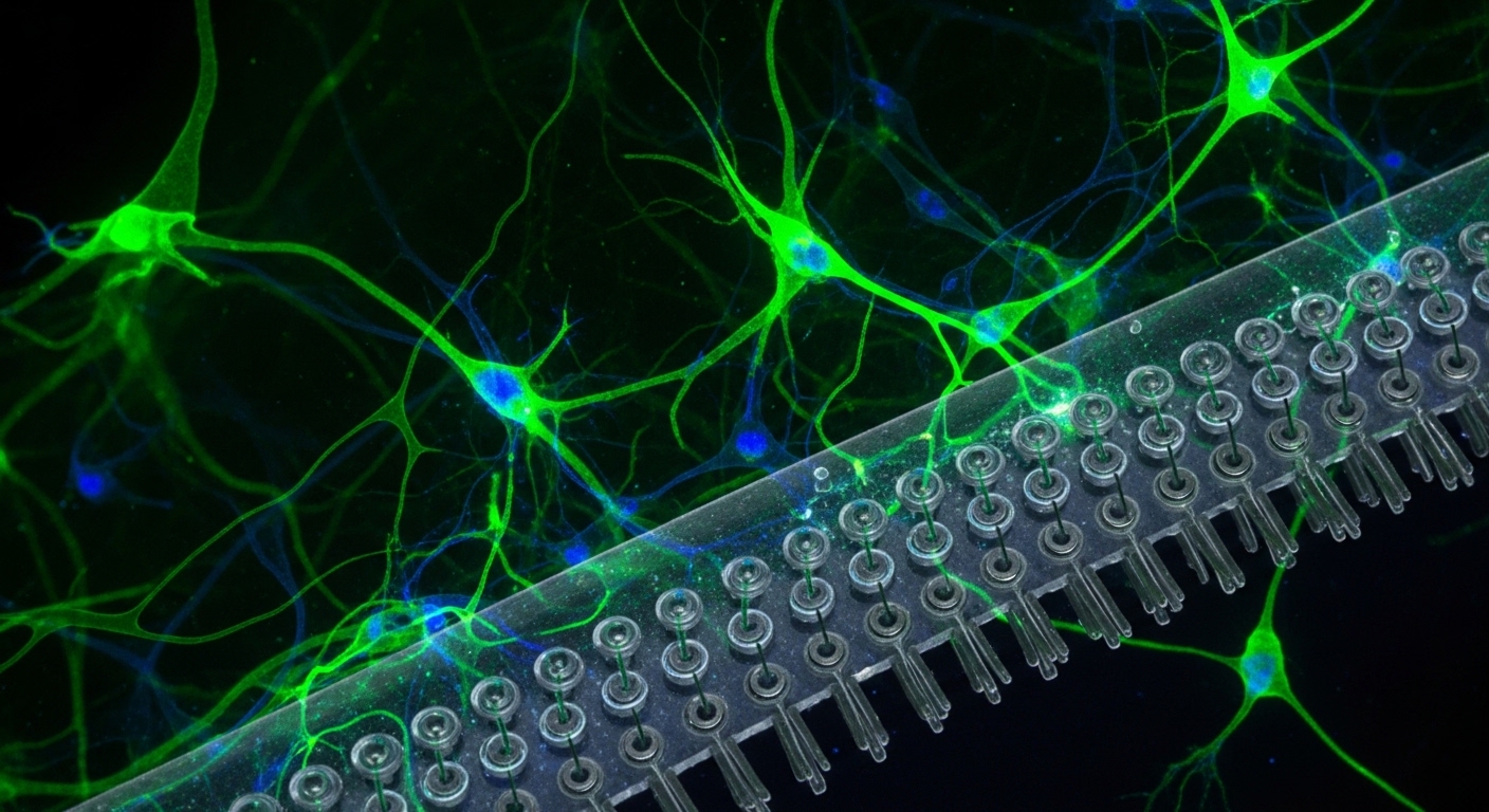 Neurônios cultivados sobre matriz de microeletrodos