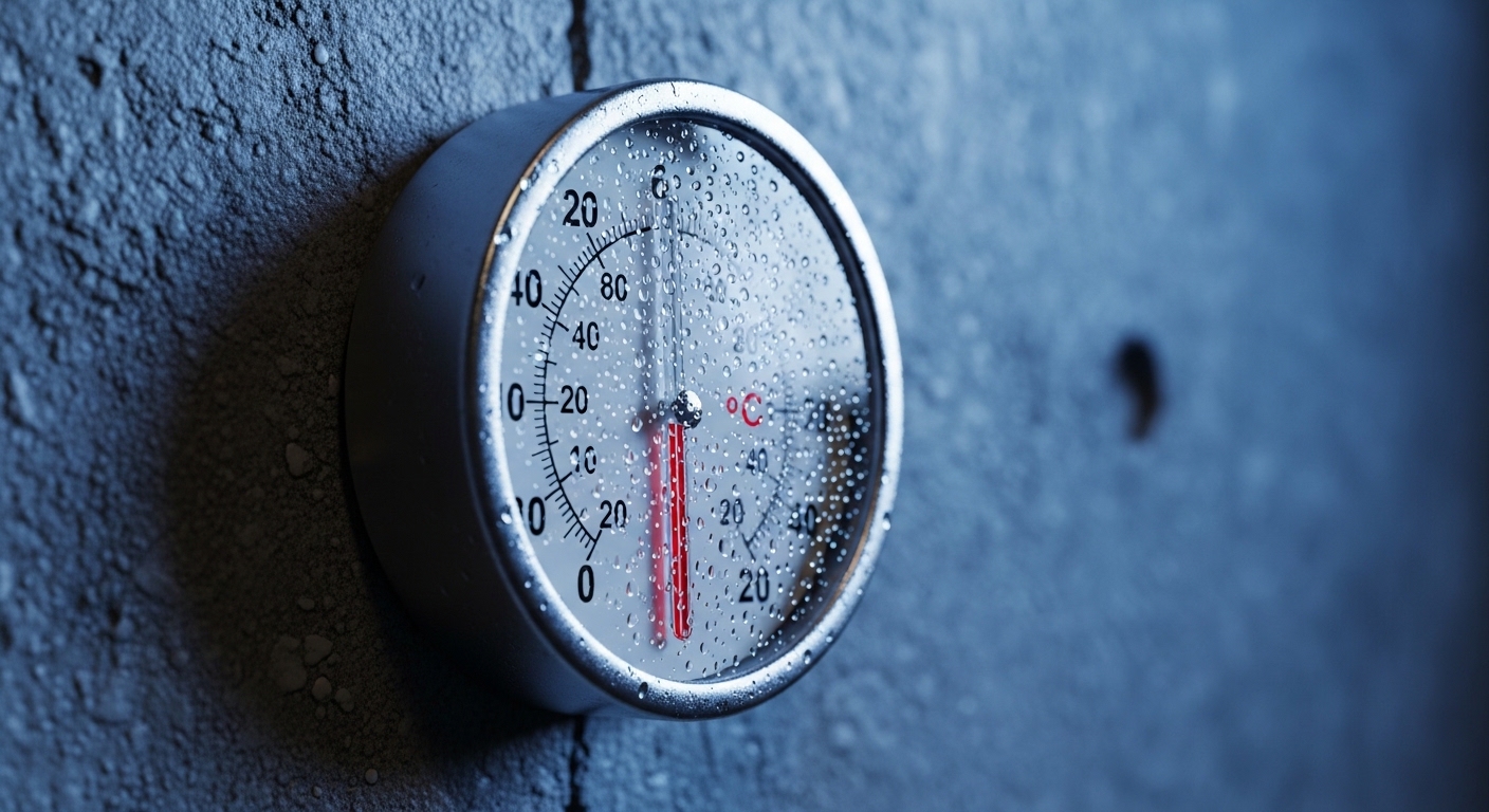 Thermomètre sur mur en béton avec condensation