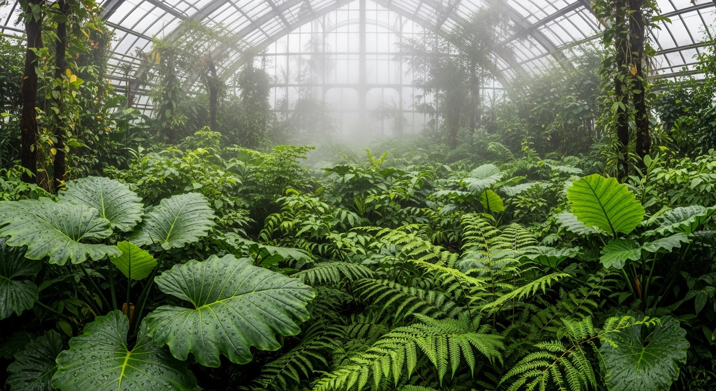 Intérieur d'une serre tropicale avec brume et plantes