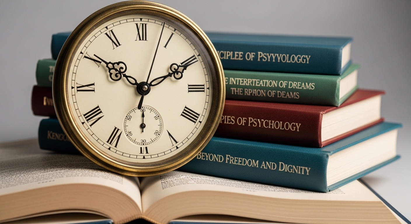 Vintage clock resting on psychology books