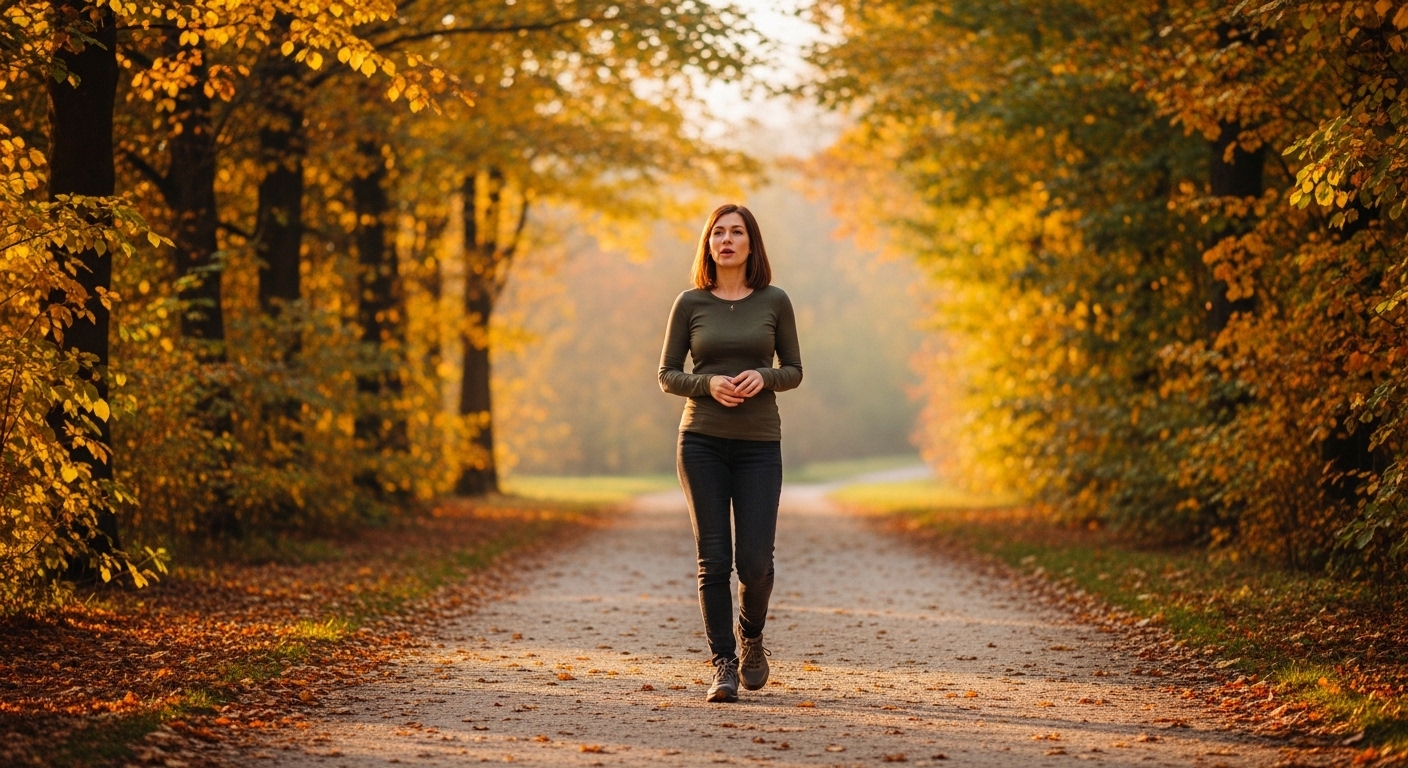Woman talking to herself while walking in an autumn park