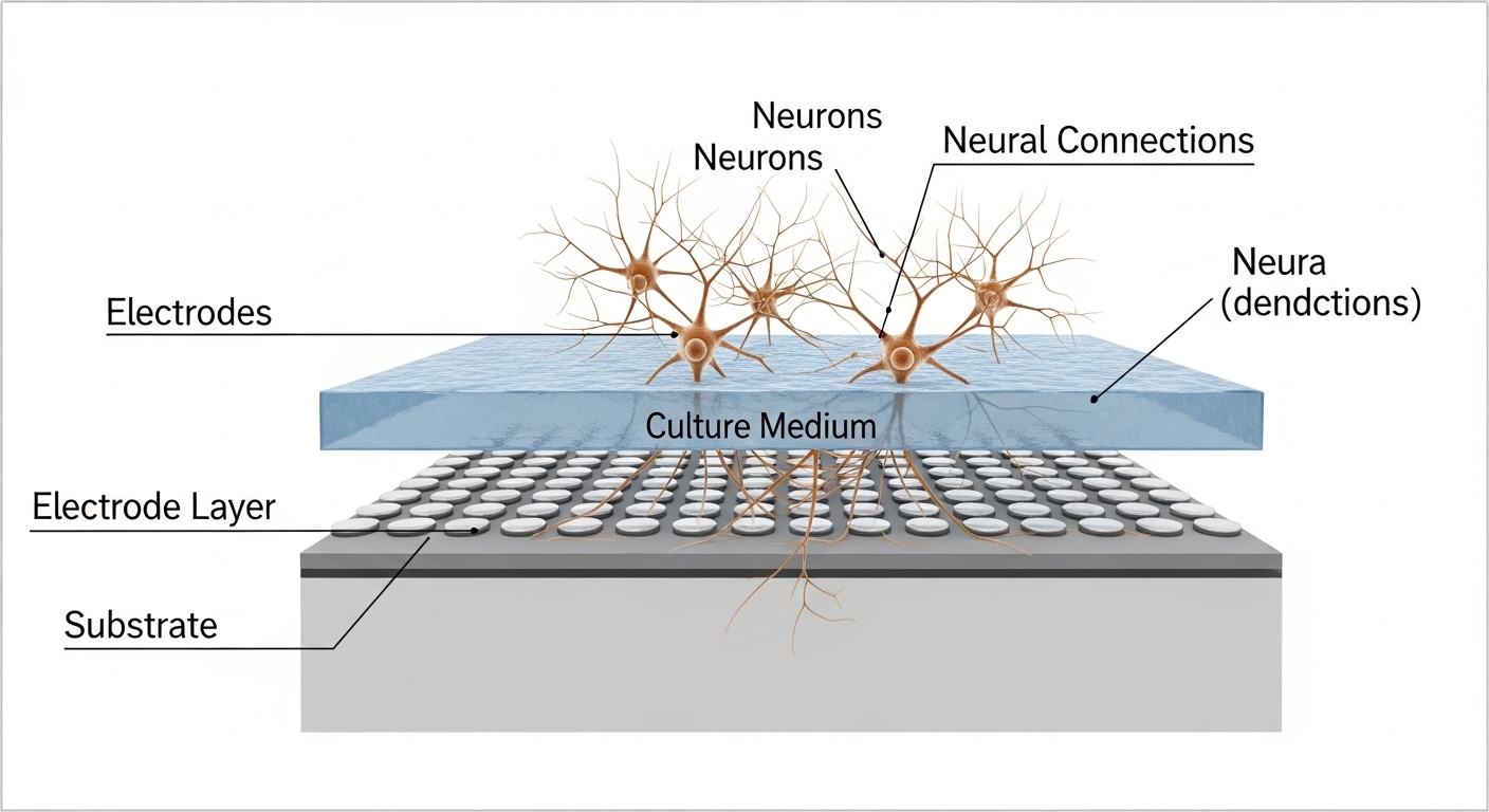Diagrama de matriz de microeletrodos com neurônios