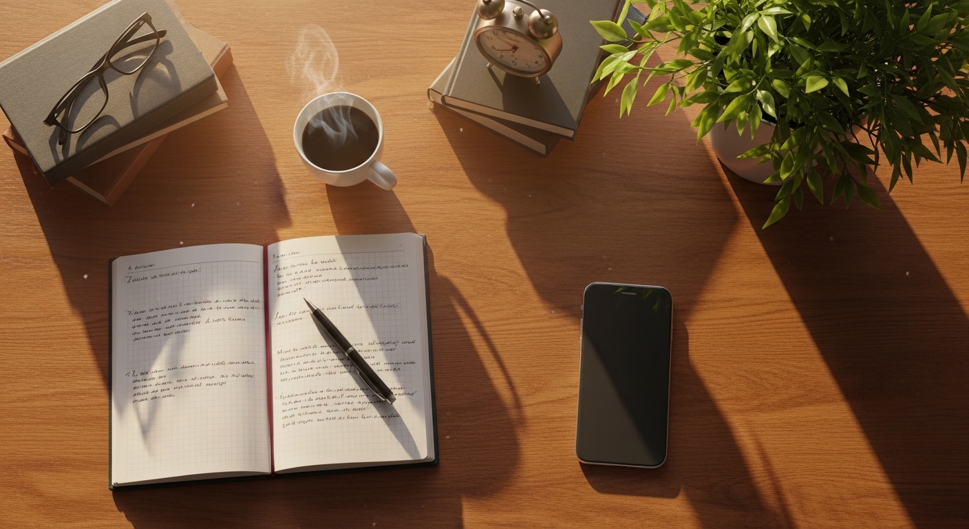 مكتب منظم مع هاتف مقلوب ودفتر مفتوح