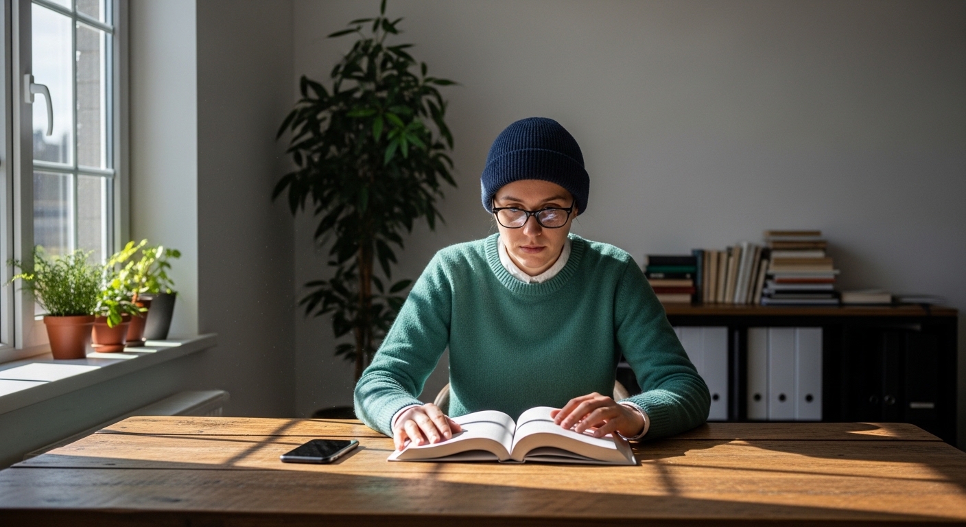 شخص يحدق في كتاب مفتوح بنظرة شاردة