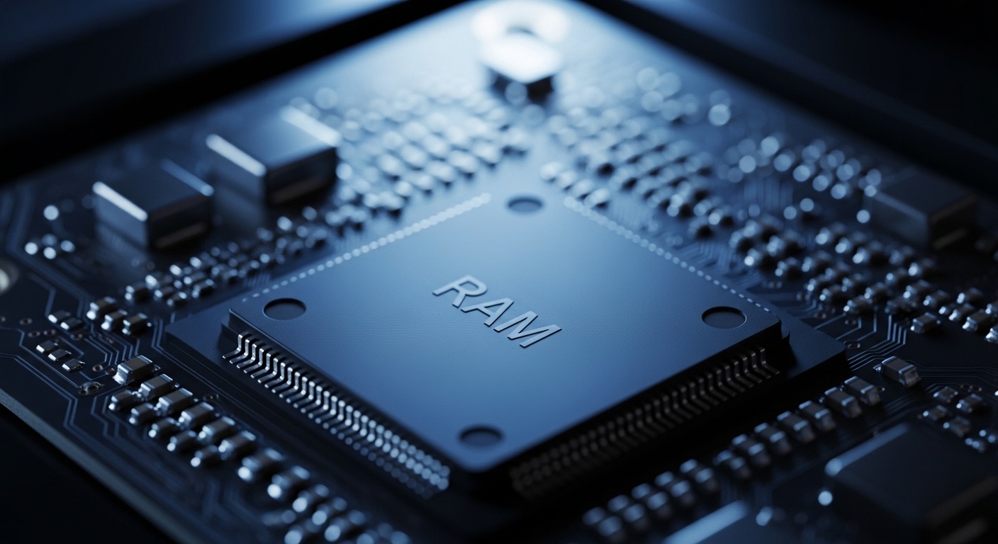 Chip RAM smartphone dilihat dari dekat dengan detail sirkuit
