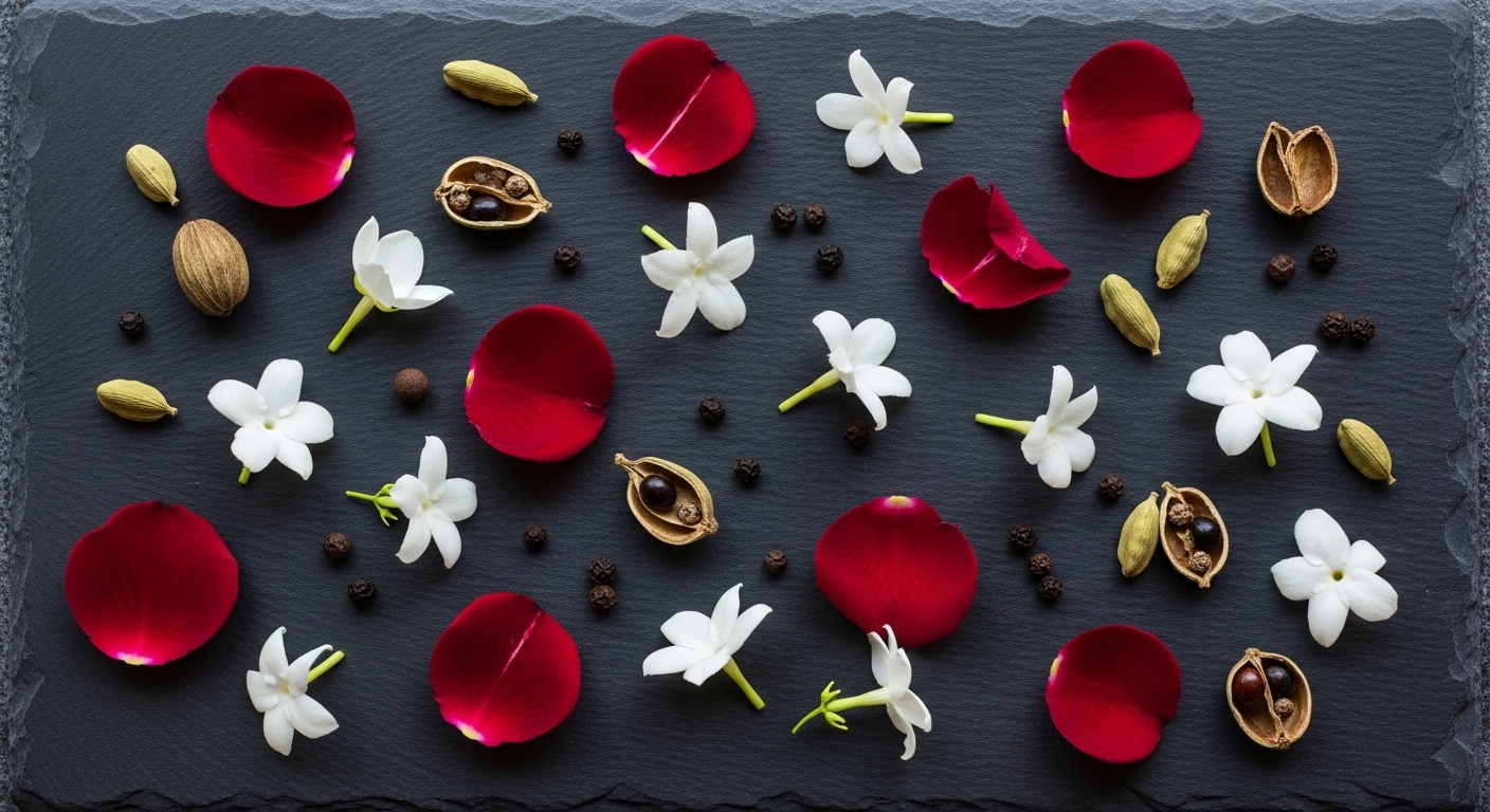 Overhead flat lay of floral and spice fragrance ingredients