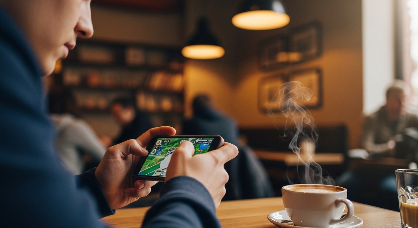 Seseorang bermain game di smartphone di kafe