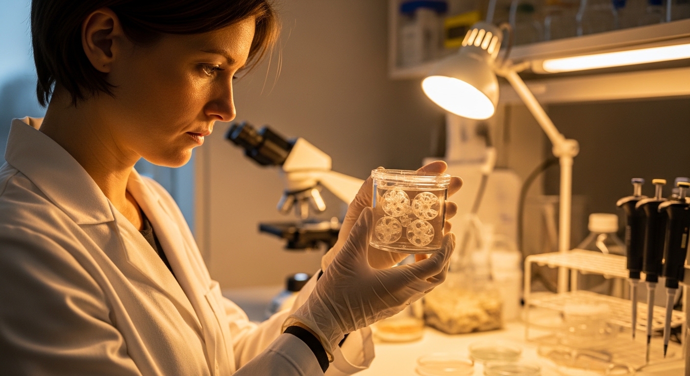 Pesquisadora manipulando biorreator com organoides neurais