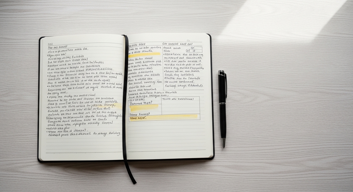 Open notebook with handwritten notes on a wooden table