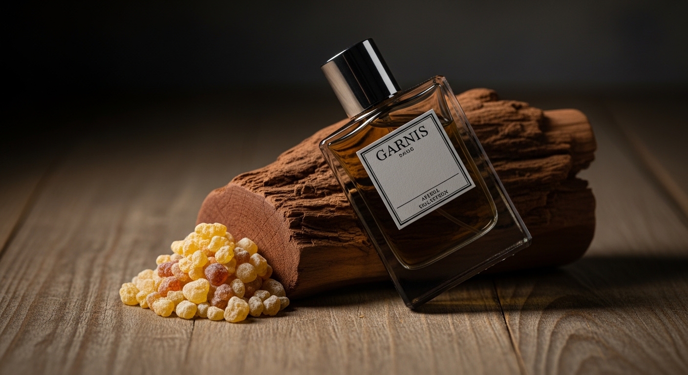 Dark perfume bottle with sandalwood and amber resin