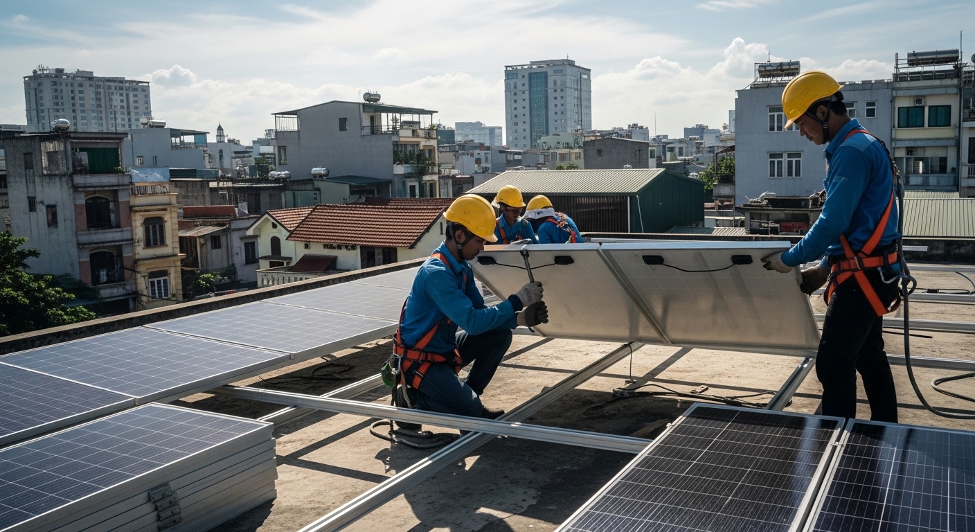 Đội thi công lắp đặt điện mặt trời áp mái