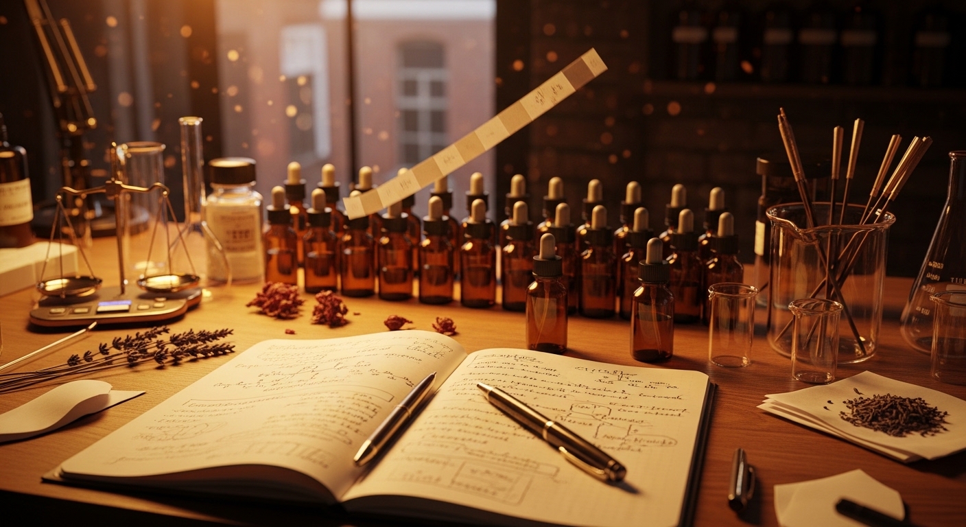 Perfumer's workbench with testing strips and formula notes