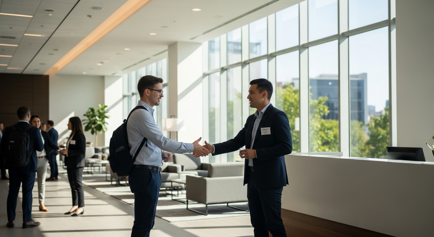 Two people meeting and exchanging names