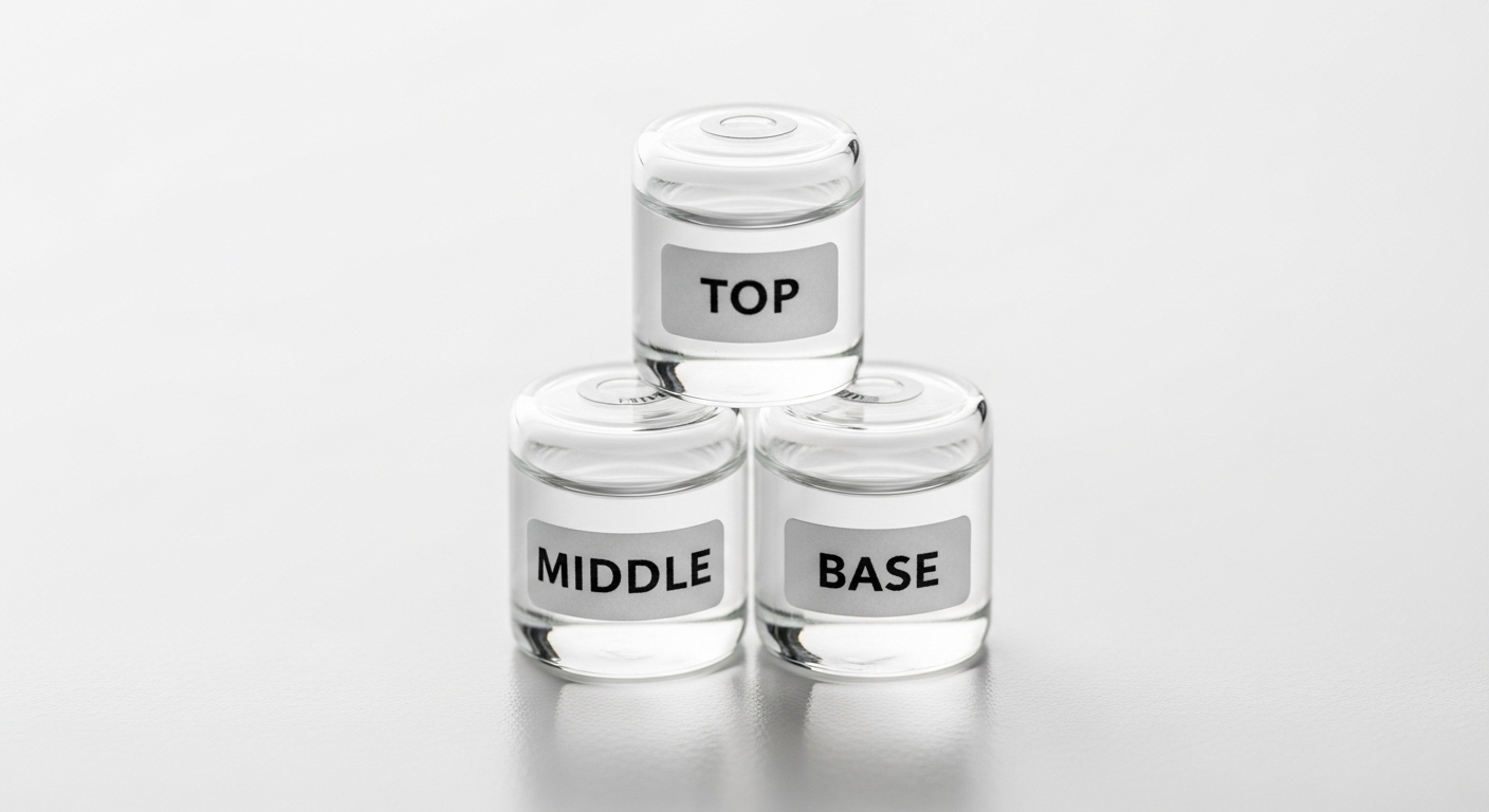 Three labeled fragrance note vials in pyramid formation