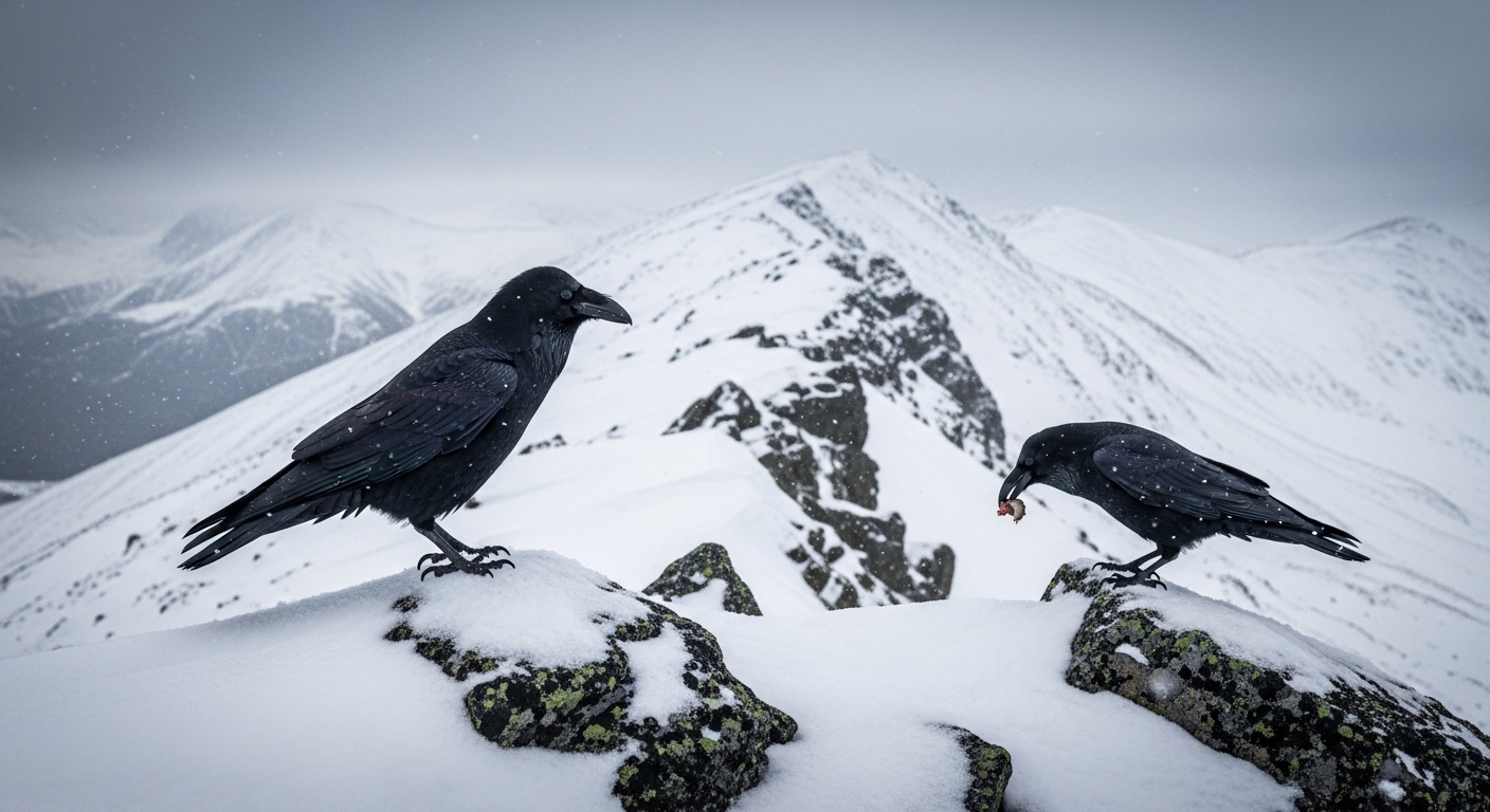 Dois corvos na neve, um observando o outro