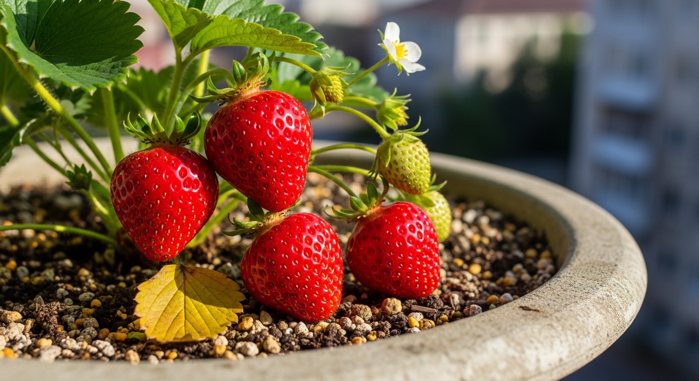 Ripe strawberries growing in a terracotta pot on a sunny balcony