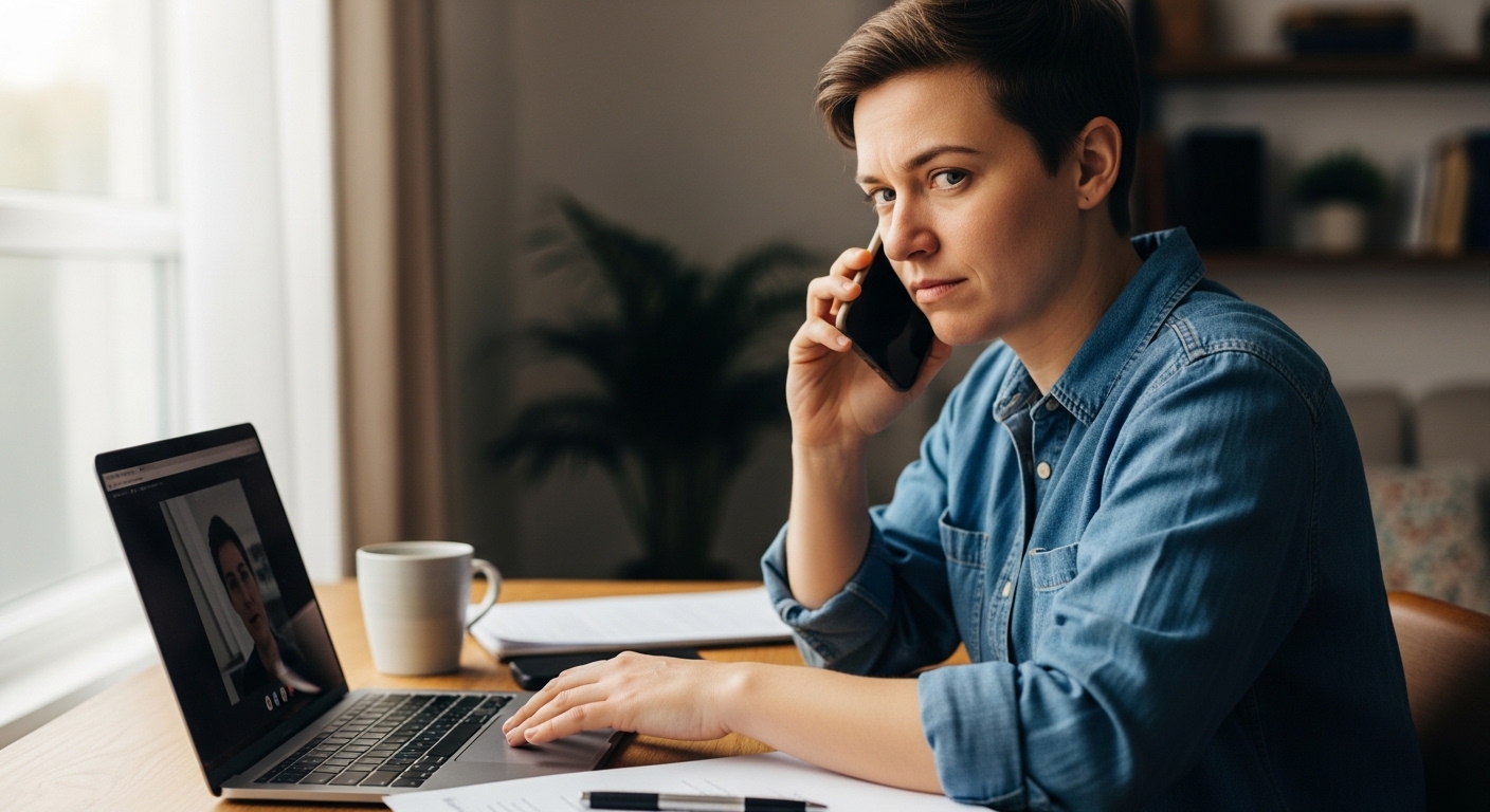 Person skeptically verifying a video call at home