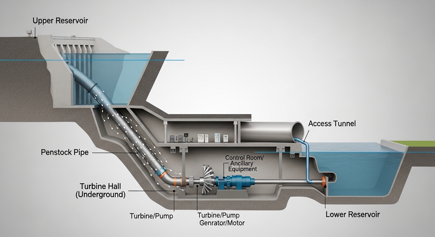 Cross-section diagram of pumped-storage hydropower system