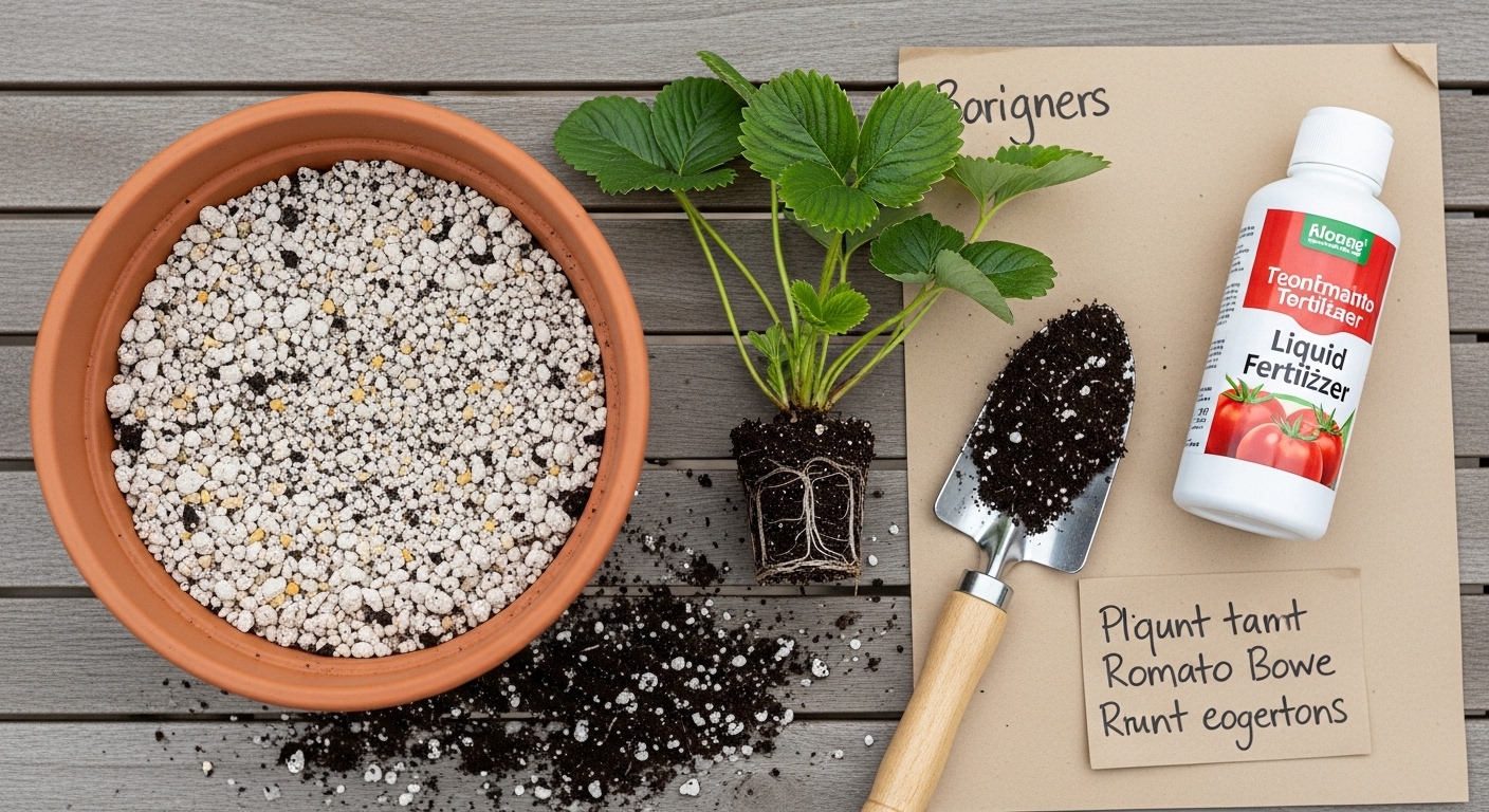 Overhead flat lay of beginner strawberry container setup with tools and plant