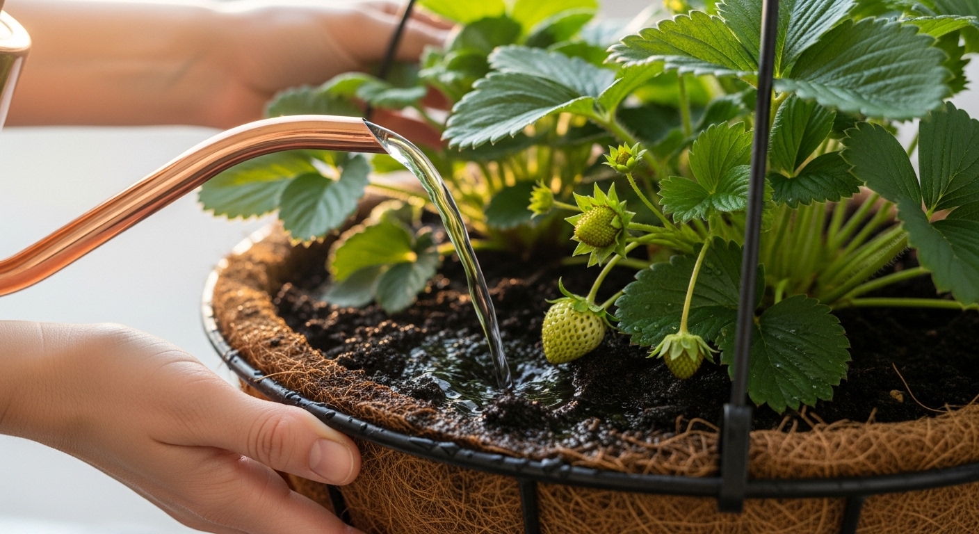 Watering strawberry hanging basket with copper watering can in morning light